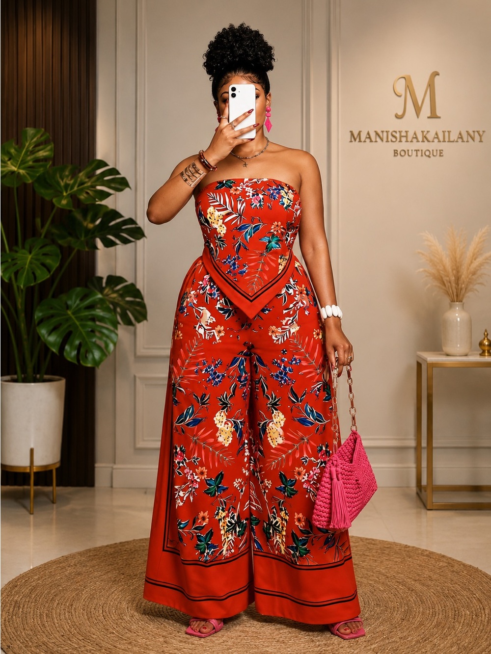 SHEIN Red Strapless Floral Wide-Leg Jumpsuit